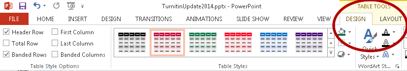 The table design tab with layout options in red, purple, green, orange, blue and gray.