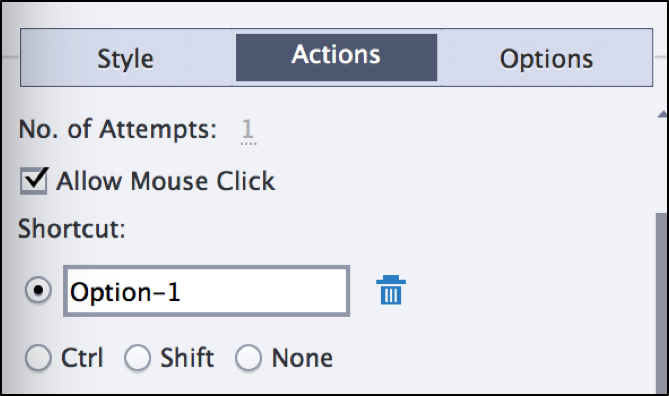 Actions tab window shown. Shortcut is set to Option-1.