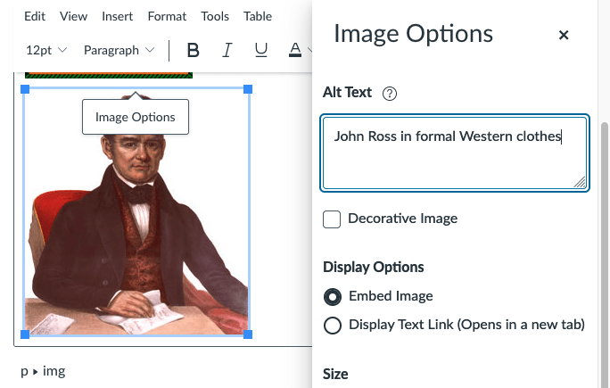Image options window with Alt text set to John Ross in formal Western clothes.