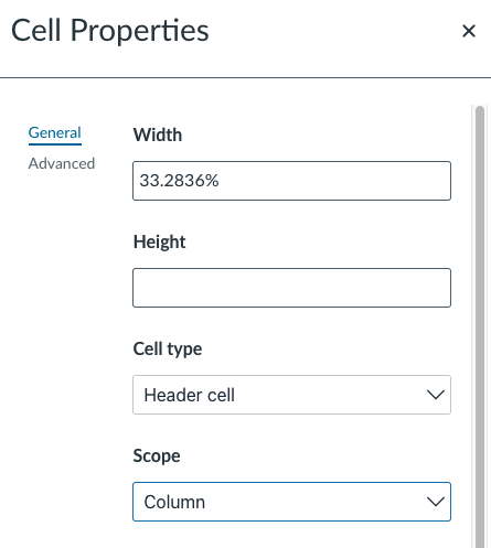 Cell properties window with cell type set to header cell and scope set to column.