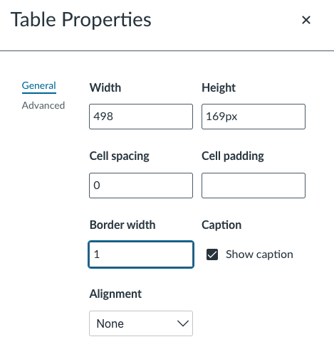 Table Properties window with show caption checked.