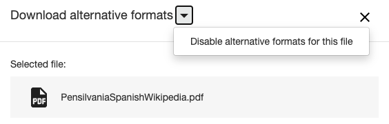 The screen to disable alternative formats for a Spanish language PDF file.