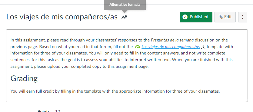 Reading assignment for a Spanish class. The text is in a link called 'Los viajes de me compañeros/as.'