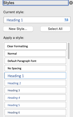 Styles panel with Heading 1 listed on top.