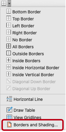 Borders menu with options to select different borders and the option Borders and Shading at the bottom.