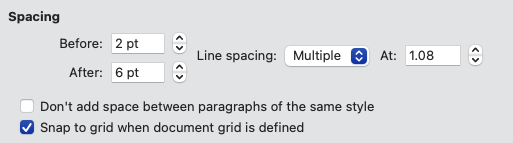 Paragraph format for Heading 2 with spacing before set to 2pt and spacing after set to 6 pt. The line spacing is also set to 1.08 instead of just single spacing.