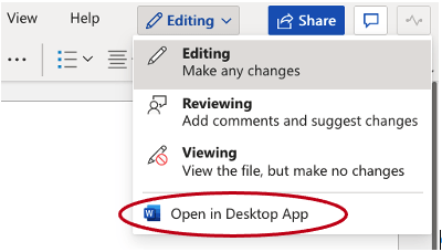 Editing menu in online Microsoft Word with last option 'Open in Desktop App' circled.