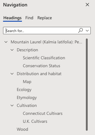 Headings tab with an outline for a document about mountain laurels with the title Mountain Laurel on top and multiple subtopics below.
