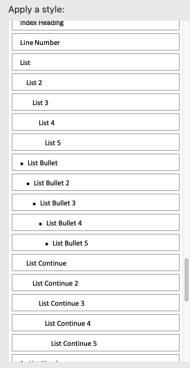 Styles pane showing the built in styles styles List - List 5, List Bullet - List Bullet 5 and List Continue - List.