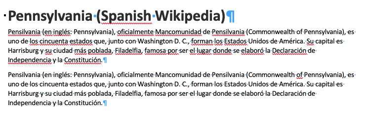 Screen capture of two Spanish paragraphs about Pennsylvania taken from Spanish Wikipedia.