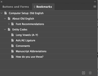Bookmarks Panel from InDesign with a list of elements such as About Old English.