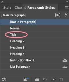 Paragraph Styles panel with list of styles including Title, Heading 2, Heading 3 and so forth.
