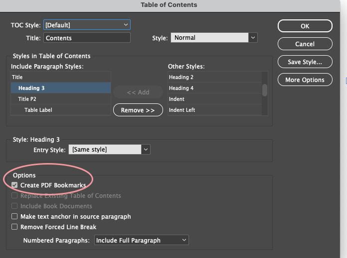 Table of Contents editor with options for adding styles into the contents.