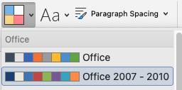 A menu showing the default Office theme and the Office 2007-2010 theme. Additional details are in the caption below.