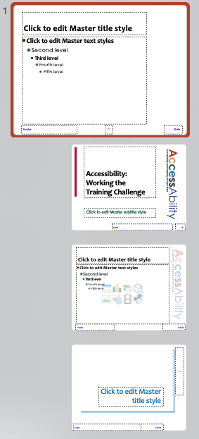 Set of layouts with a white background and the Penn State accessibility logo. Layouts have 1-3 placeholders.