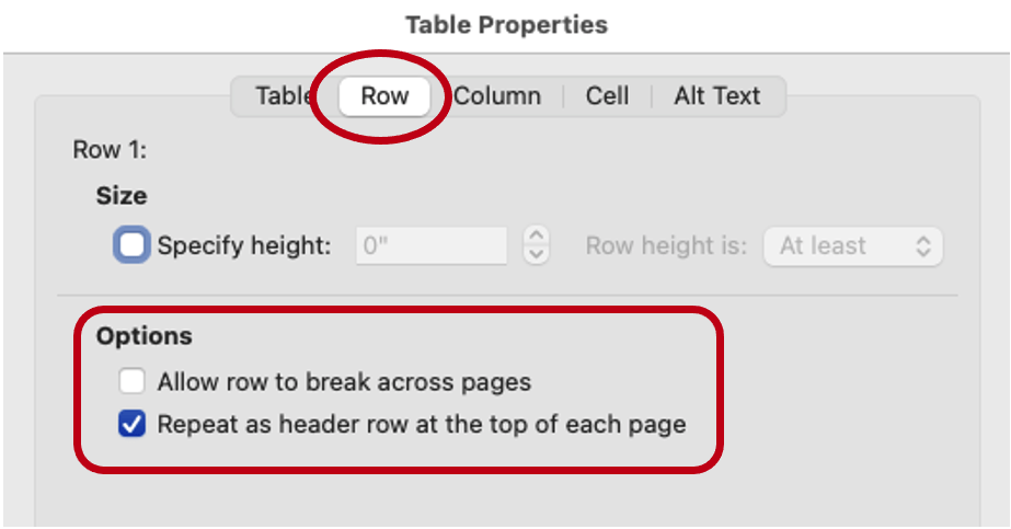 Table Row Properties with options described above checked.