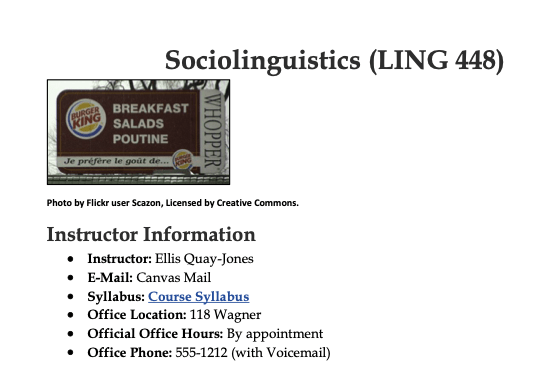 Syllabus for Sociolinguistics LING 448 with instructor contact information. The file includes a French-English Burger King sign featuring poutine.