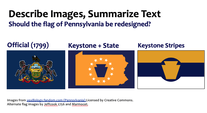 Slide titled Should the flag of Pennsylvania be redesigned? The current flag and two aklternates are shown. See additional details in the text below.