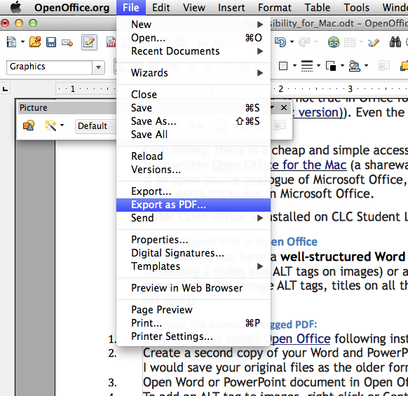 Screenshot of PDF export in File Menu drop down list