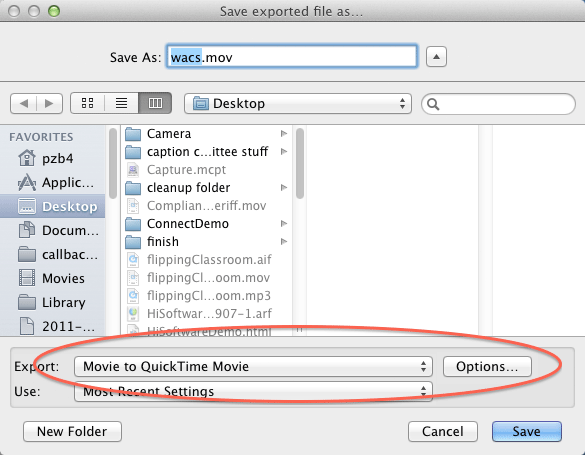 Preparing to re-export a movie in QuickTime, with the Export option set to Movie to QuickTime Movie