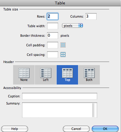 Dreamweaver Tables Properties Window. See next section for more details