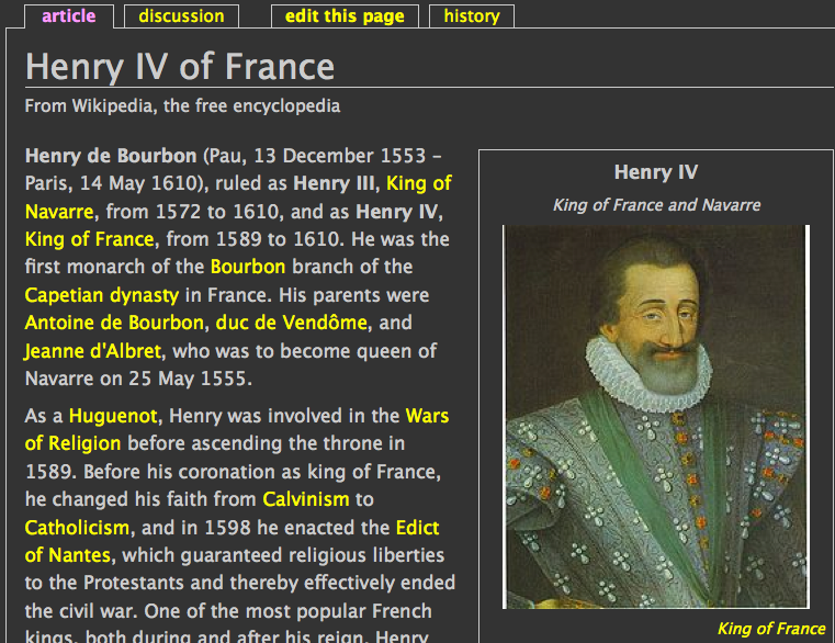 Portrait of Henry IV on page with dark gray background, white text, and links in yellow.