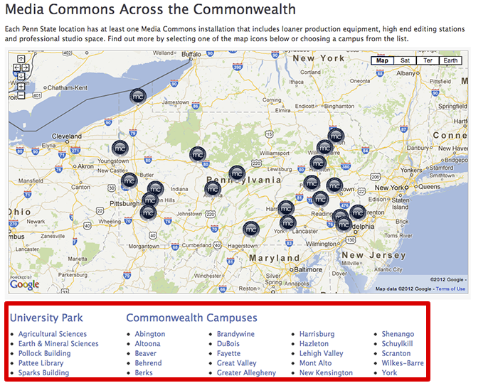 Media Commons Google Map with list of campus location links beneath