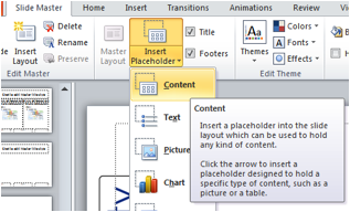 Screenshot of the Insert Place holder and drop down selections, highlighting the Content choice.