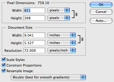 Photoshop Image Size Window with fields for width, height, resolution