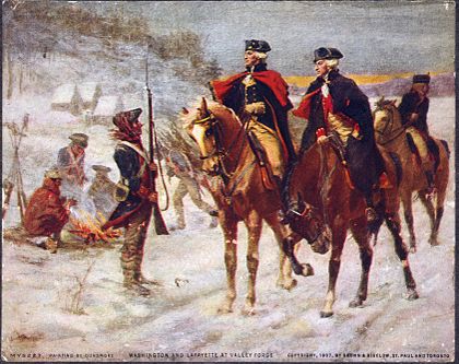 George Washington and Lafayette on horseback talking to soldiers in snow at Valley Forg.e